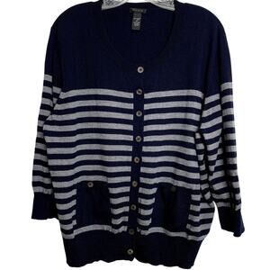 Only Mine Womens 2X Merino Wool Button Up Cardigan 3/4 Sleeve Navy Gray Stripes